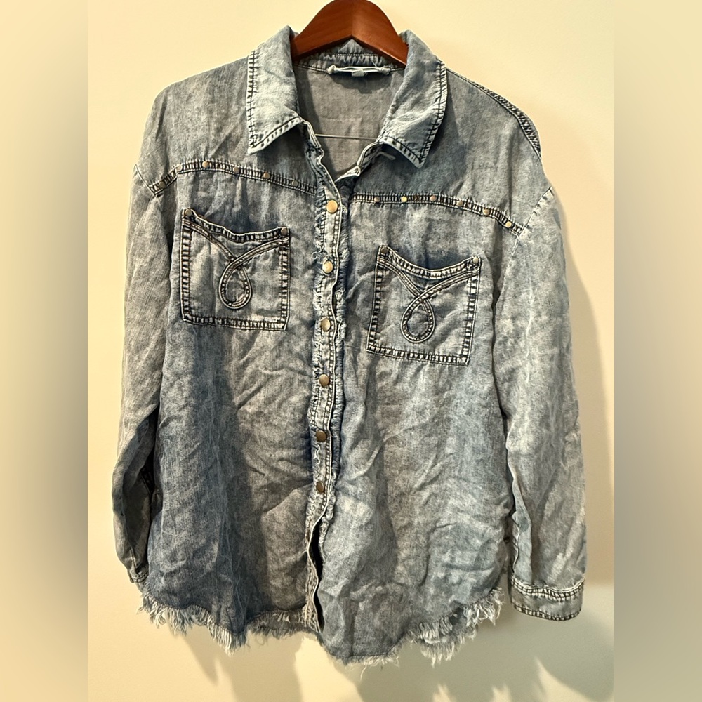 Denim Blue Button-Down Fringe Shirt Size S